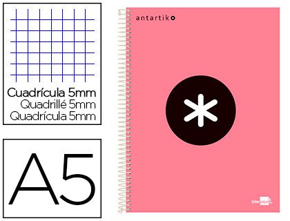 Cuaderno espiral Liderpapel Antartik A-5 tapa forrada 120h micro 100g c/5mm. color coral